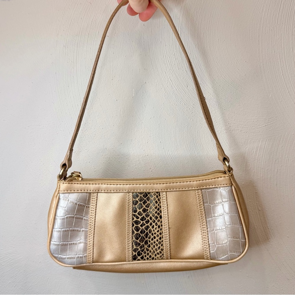 Vintage Nine West Y2K Gold Shoulder Bag Faux Croc Snakeskin Mini Baguette